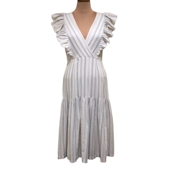 Rebecca Taylor Midi Dress Size 4 White Blue Striped Ruffle - Picture 1 of 9